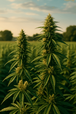 Due foglie stilizzate di cannabis, una con foglie sottili (sativa) e una più compatta (indica)