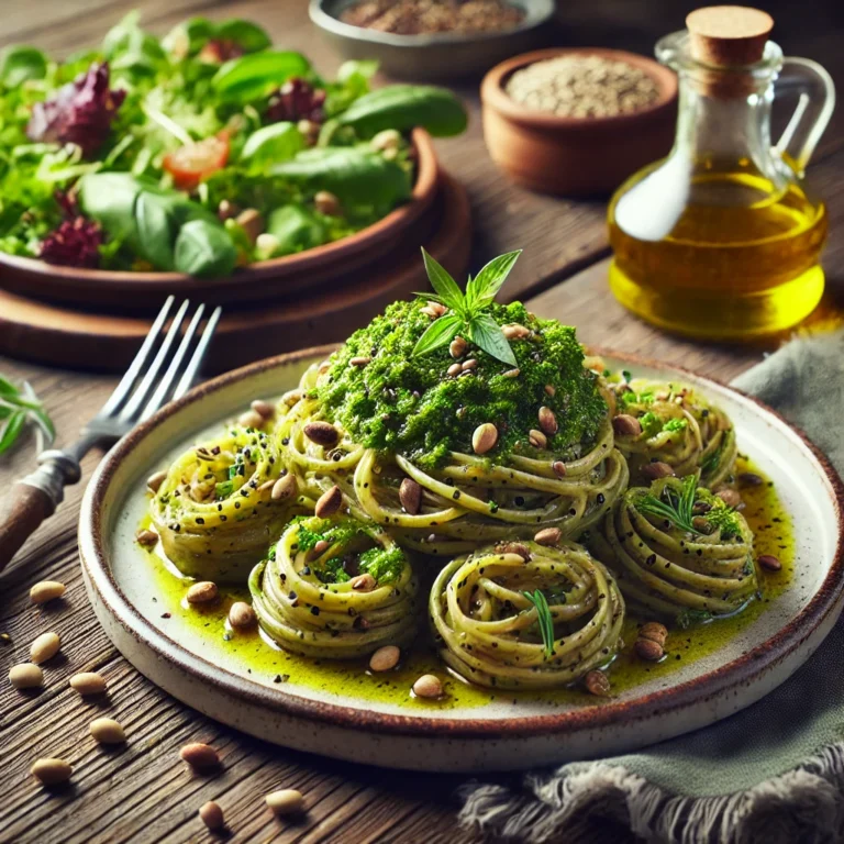 Piatto gourmet di pasta verde fatta con farina di canapa, condita con una salsa leggera e guarnita con semi di canapa, accompagnata da una fresca insalata e una bottiglia di olio di canapa.