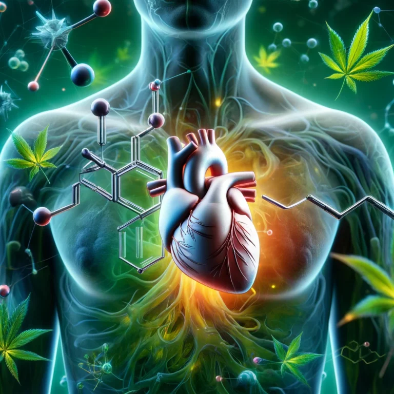 Rappresentazione stilizzata del cuore umano con molecole di CBD e THC integrate, circondate da connessioni neurali e circolatorie, con colori calmanti come verde e blu.