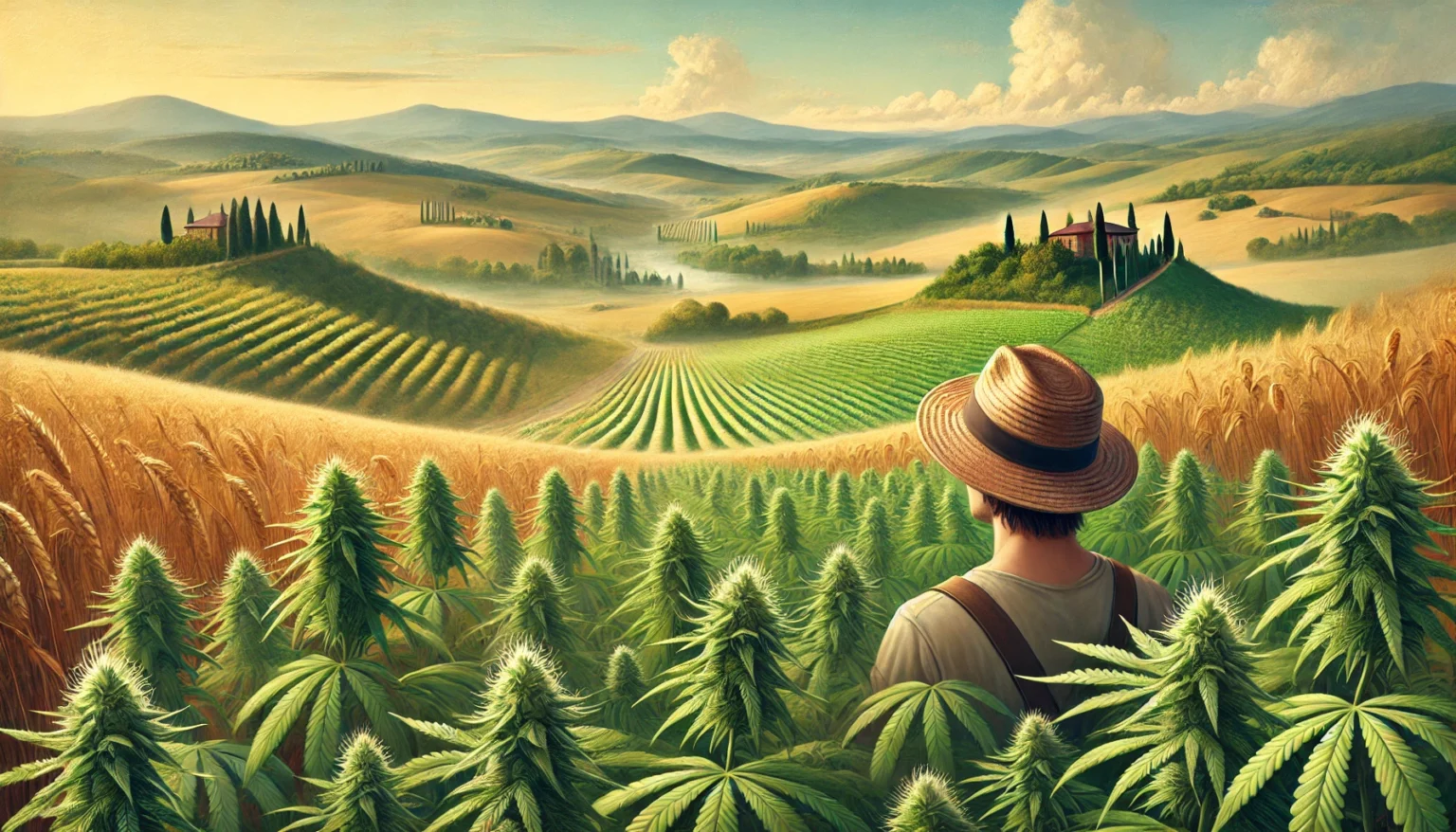 Campo di canapa in Italia con un contadino tra le piante, simbolo di benessere naturale, CBD e cannabis light