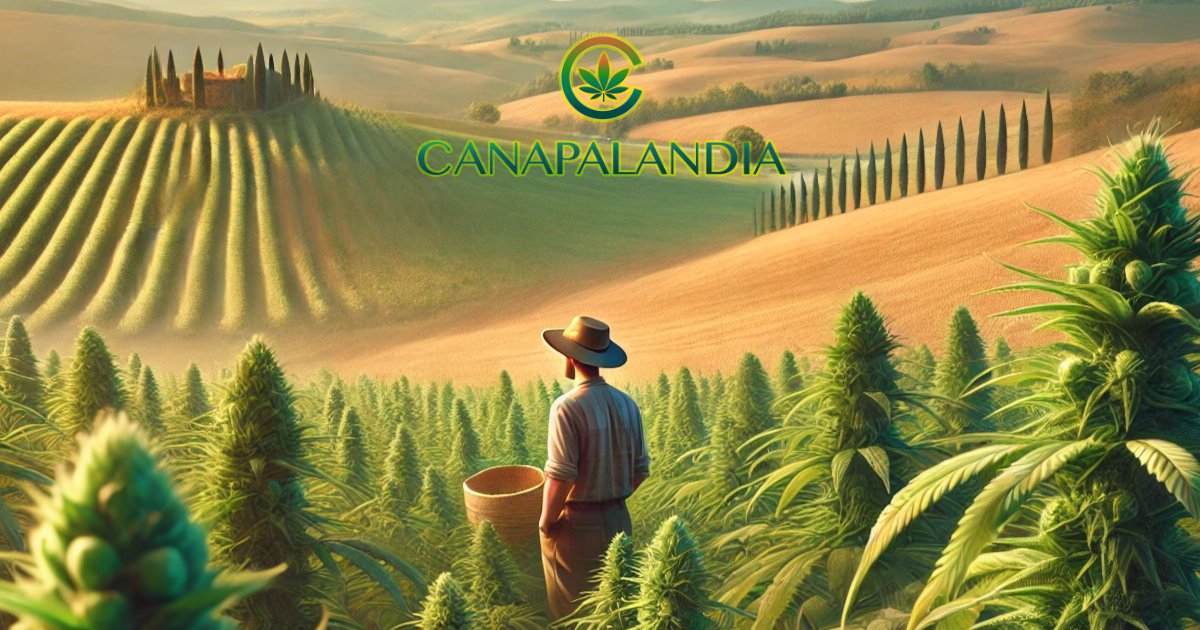 Un campo di canapa vasto che si perde nell'orizzonte con paesaggio italiano, un contadino lavora il campo