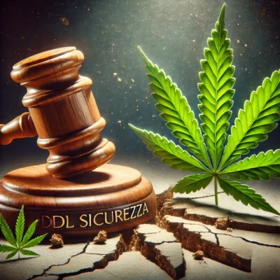 Un martello del giudice batte sul suolo creando delle crepe e nello sfondo una foglia di cannabis