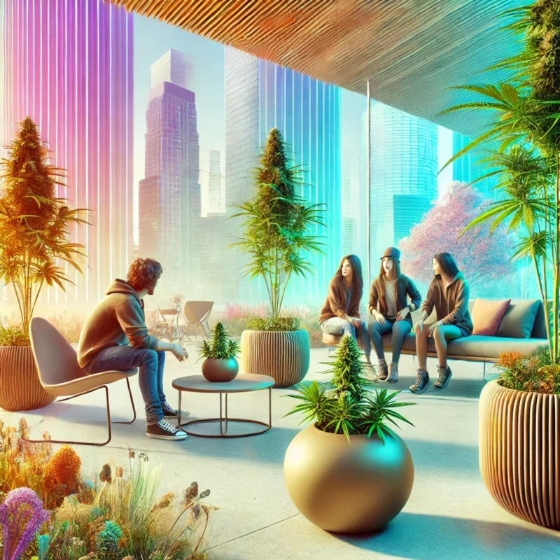 Giovani che discutono sul futuro della cannabis in un ambiente urbano moderno, con piante di cannabis decorative. La scena rappresenta l'accettazione della cannabis nella società, in un contesto di progresso e apertura.