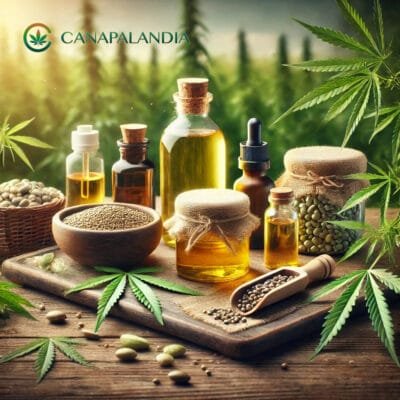 Prodotti a base di canapa, come olio e semi, disposti in un ambiente naturale con piante di canapa sullo sfondo.