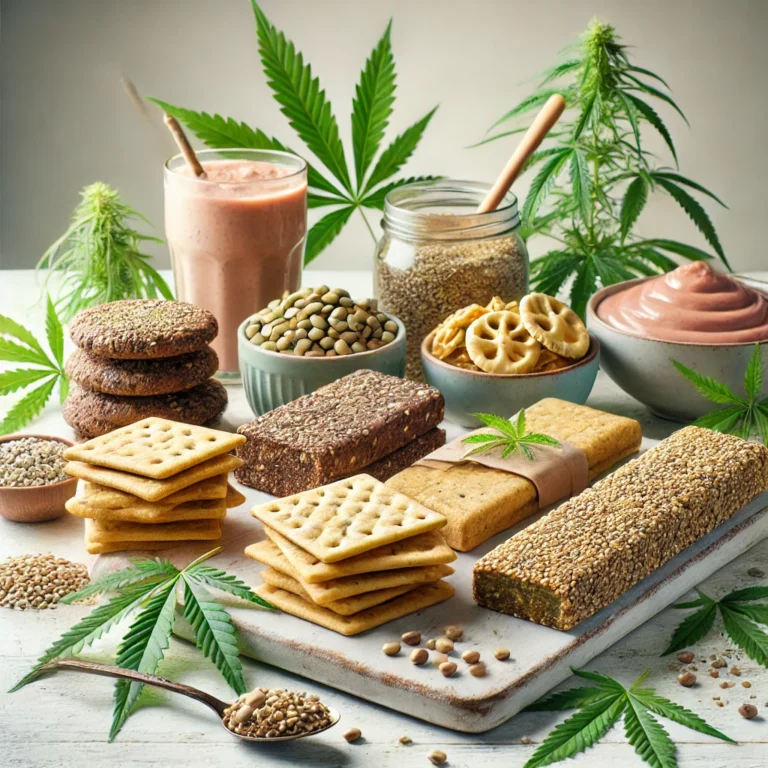 Una varietà di snack salutari a base di canapa, tra cui barrette energetiche, cracker e smoothie bowl con semi di canapa, disposti su uno sfondo naturale con delicati richiami di foglie di canapa.