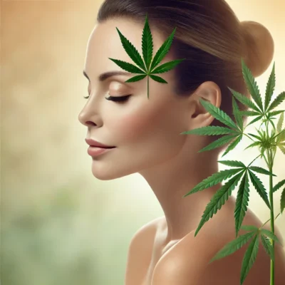 Immagine di una donna rilassata con una foglia di canapa a sette punte sulla fronte, simboleggiante il benessere. Accanto alla sua spalla, una pianta di canapa realistica, in un ambiente sereno e naturale che evoca tranquillità e armonia ormonale.