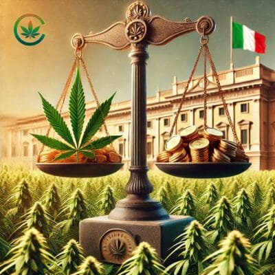 Un'immagine simbolica con una bilancia che raffigura cannabis e monete, un edificio governativo sullo sfondo e campi di canapa, rappresentando il monopolio di Stato sulla cannabis in Italia.