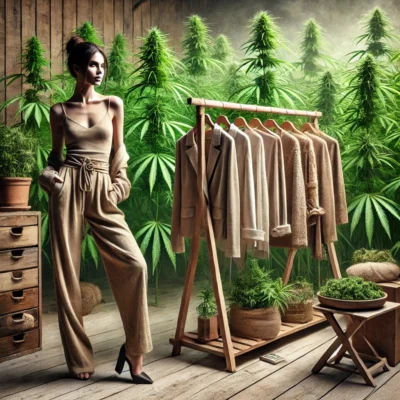 A realistic image of eco-friendly hemp clothing displayed on a wooden rack with lush green hemp plants in the background and a model wearing a stylish hemp outfit.