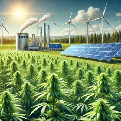 A vibrant hemp field integrated with renewable energy technologies like wind turbines, solar panels, and a biogas plant, showcasing sustainable bioenergy solutions.