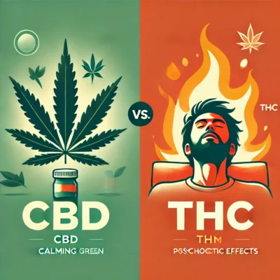 Immagine illustrativa che mostra la differenza tra CBD e THC. Il lato sinistro, in tonalità verdi, rappresenta il CBD con effetti rilassanti e benefici terapeutici. Il lato destro, con sfumature rossastre, rappresenta il THC con effetti psicoattivi ed euforici.
