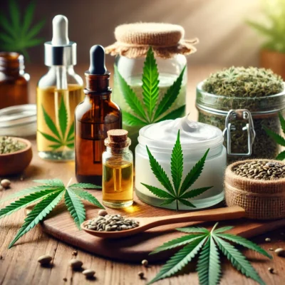 Barattoli di vetro con creme e oli alla canapa su un tavolo in legno, circondati da foglie di canapa e semi.