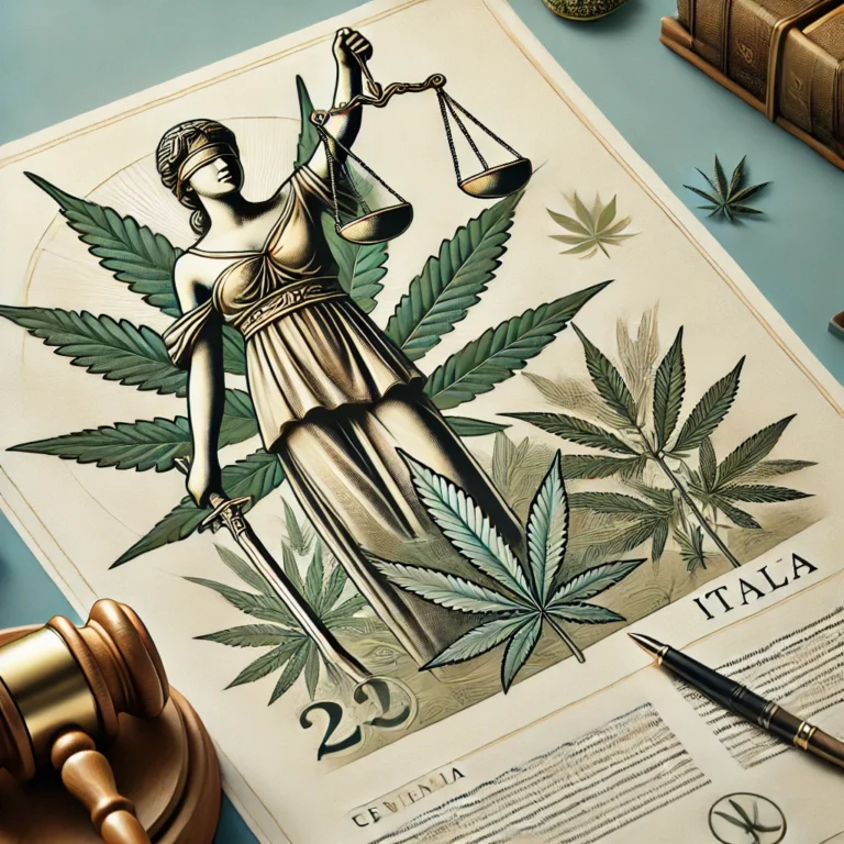 Illustrazione della legislazione sulla canapa in Italia nel 2025, con elementi grafici che rappresentano norme, regolamenti e bilanciamenti legali. Titolo: Legislazione Canapa Italia 2025