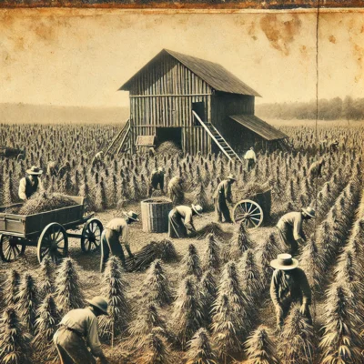 Fotografia d’epoca in bianco e nero raffigurante una storica coltivazione di canapa nei primi del '900, con agricoltori intenti alla raccolta e un fienile in legno sullo sfondo.