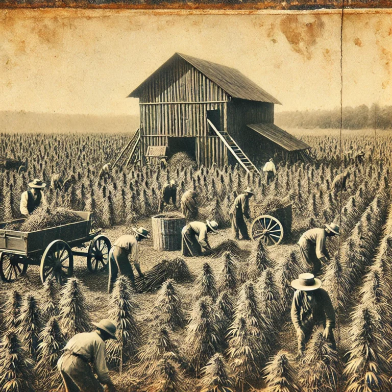 Fotografia d’epoca in bianco e nero raffigurante una storica coltivazione di canapa nei primi del '900, con agricoltori intenti alla raccolta e un fienile in legno sullo sfondo.