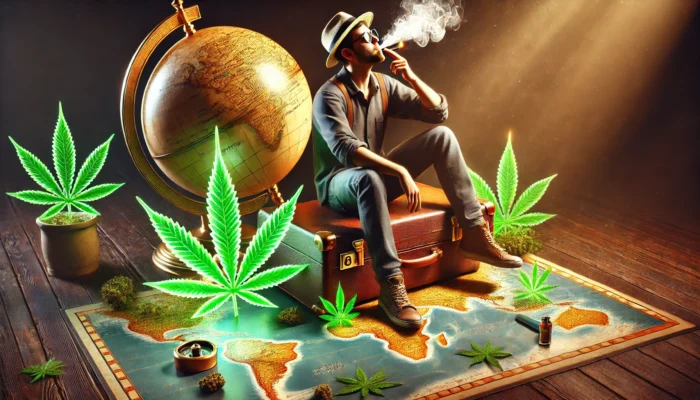Viaggiatore seduto su una valigia sopra una mappa, fumando, con un antico mappamondo e foglie di cannabis luminose intorno.
