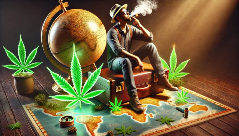 Viaggiatore seduto su una valigia sopra una mappa, fumando, con un antico mappamondo e foglie di cannabis luminose intorno.