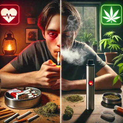 Realistic photo showing a person smoking a cannabis joint in an unhealthy setting versus a person vaping cannabis in a clean and healthy environment, highlighting cardiovascular risk.