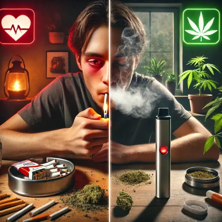 Realistic photo showing a person smoking a cannabis joint in an unhealthy setting versus a person vaping cannabis in a clean and healthy environment, highlighting cardiovascular risk.