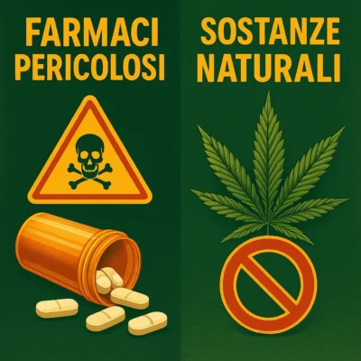 Illustrazione che mette a confronto i rischi dei farmaci oppiacei come il Fentanyl con l’uso della cannabis light, mostrando simbolicamente la differenza tra naturale e chimico.