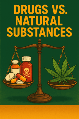 A symbolic graphic contrasting CBD cannabis with fentanyl, highlighting the societal paradox in how these substances are perceived and regulated.