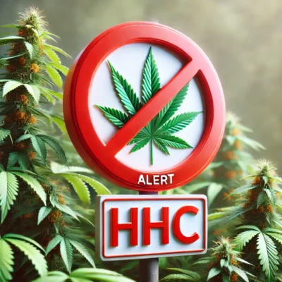 Cartello di divieto con la scritta HHC accanto a fiori e foglie di cannabis rigogliose