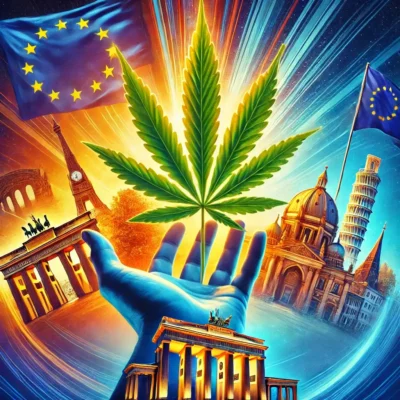 Mano con foglia di cannabis e monumenti iconici europei sullo sfondo, simbolo della legalizzazione della cannabis in Europa nel 2025.