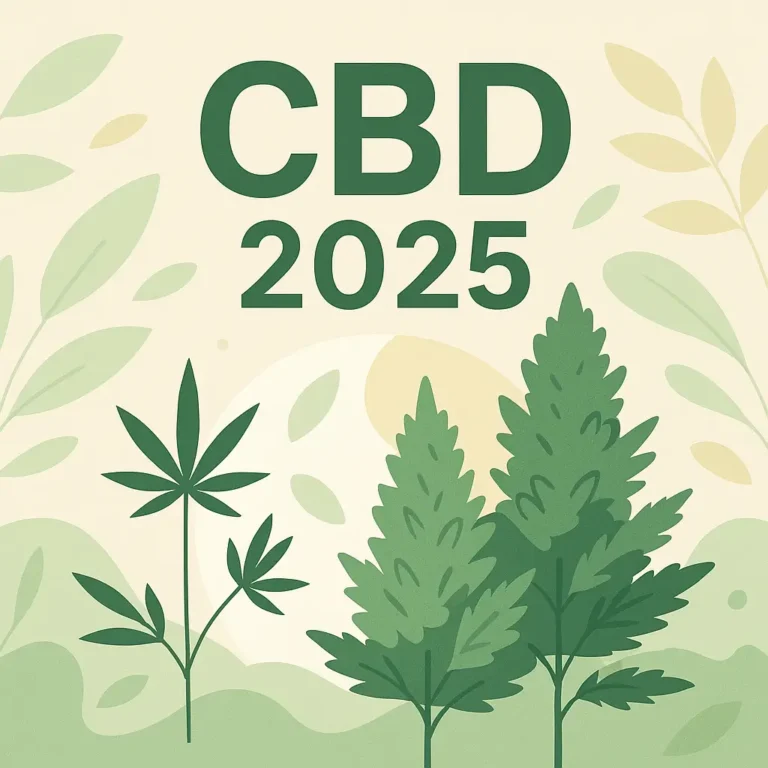 Illustrazione stilizzata con tre varietà CBD legali – Swiss Dream, Finola, Candida CD-1 – e la scritta CBD 2025