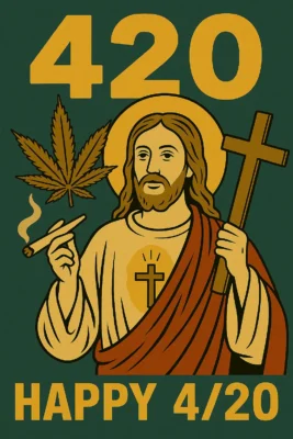 Manifesto satirico per il 420: illustrazione in stile sacro con riferimento alla cultura della cannabis