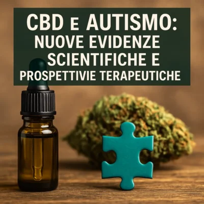 Flacone di olio di CBD con fiore di cannabis e pezzo di puzzle, simbolo delle nuove evidenze scientifiche nel trattamento dell’autismo