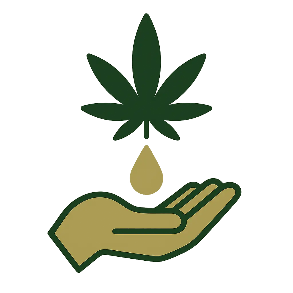 Icona stilizzata di una mano che riceve una goccia di olio da una foglia di cannabis, simbolo del CBD per il benessere.