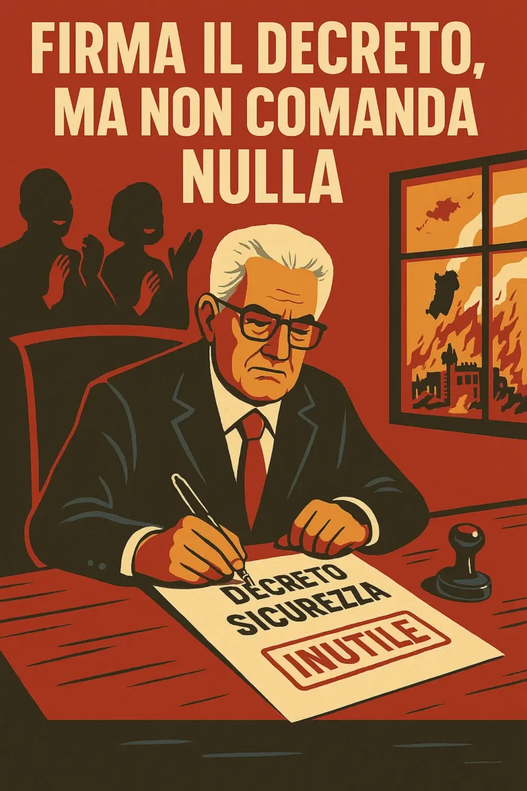 Illustrazione satirica: uomo stilizzato firma un decreto mentre il Paese brucia, simbolo della repressione ideologica del governo.