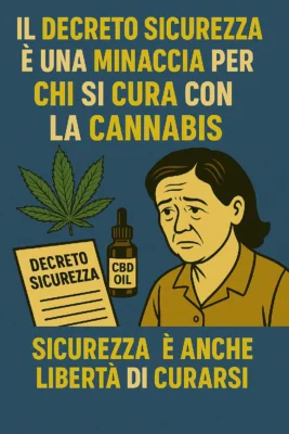 Illustrazione critica contro il Decreto Sicurezza che colpisce la cannabis terapeutica