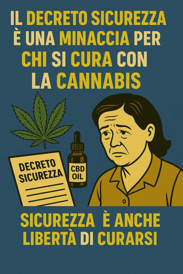 Illustrazione critica contro il Decreto Sicurezza che colpisce la cannabis terapeutica