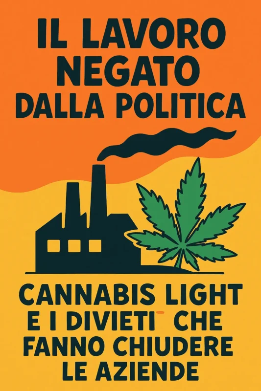 Illustrazione ironica in stile manifesto che denuncia gli effetti del divieto sulla cannabis light e la perdita di lavoro nel settore legale