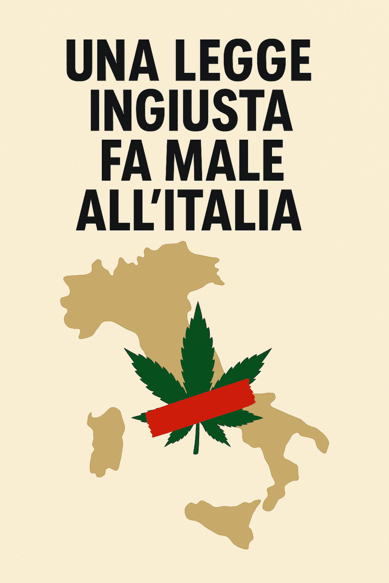 Mappa dell’Italia con una foglia di canapa coperta da nastro rosso e lo slogan “Una legge ingiusta fa male all’Italia”