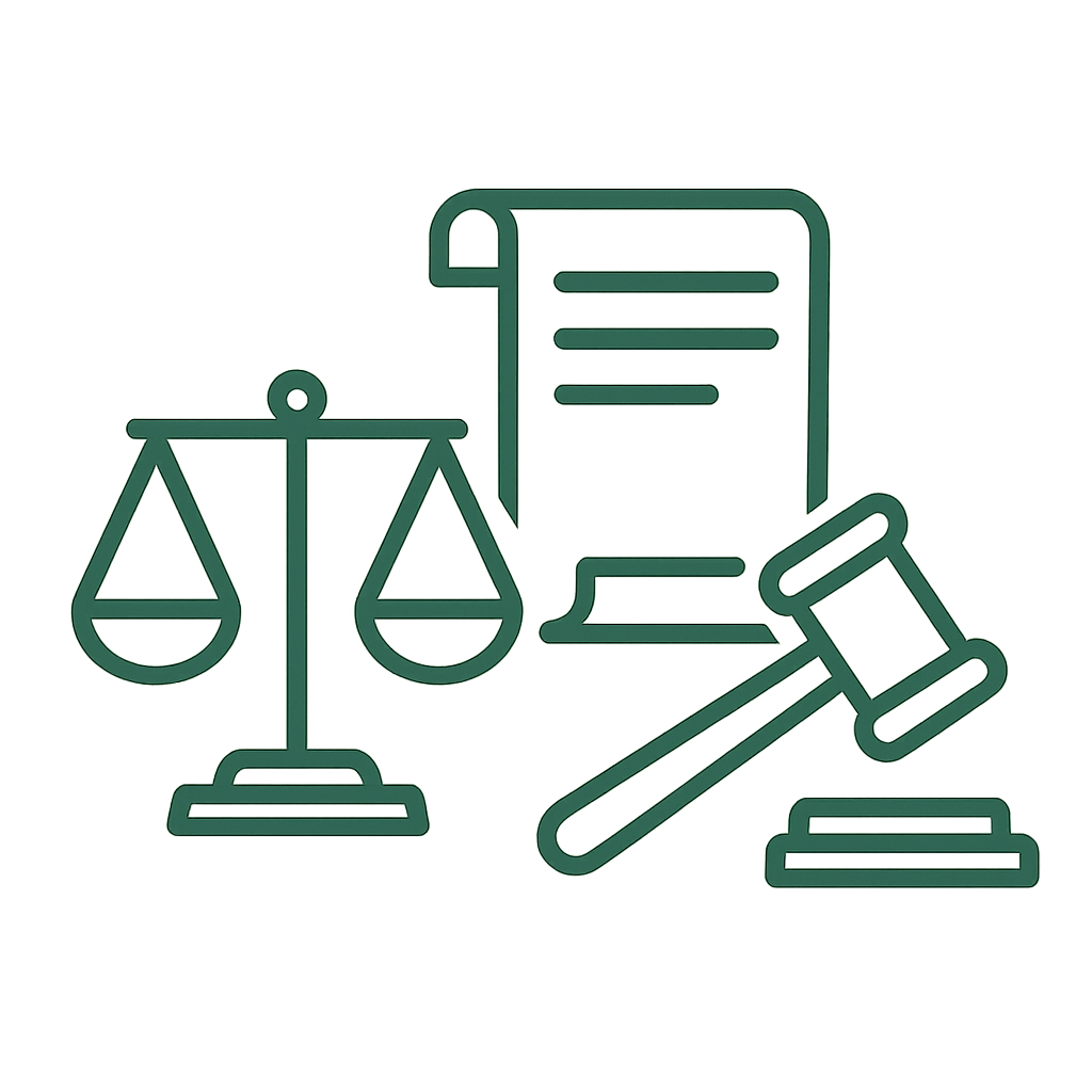 Icona giustizia con bilancia, martello del giudice e pergamena, simbolo della normativa sulla cannabis.