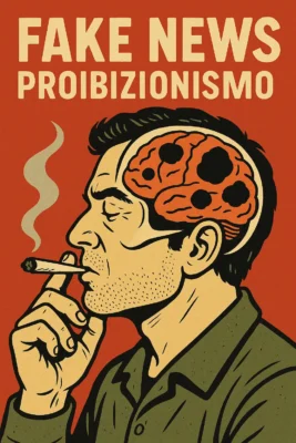 Illustrazione satirica di un uomo che fuma cannabis con il cervello trasparente pieno di macchie nere, contro il proibizionismo