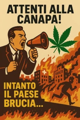 Poster con slogan “Reprimere la Canapa Light per Distrarre dal Resto”, manifesto di protesta contro il Decreto Sicurezza 2025