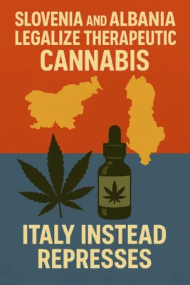 Illustrazione satirica colorata con riferimento alla legalizzazione della cannabis terapeutica in Slovenia e Albania, mentre l’Italia resta indietro