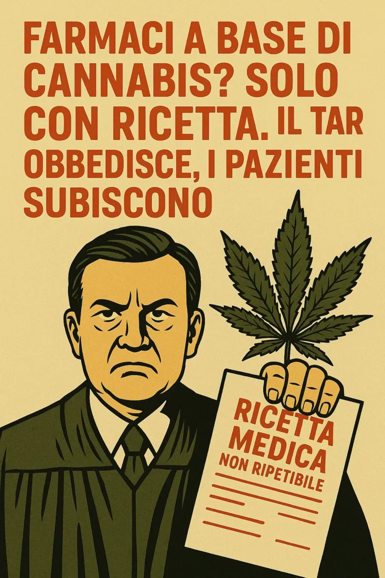 Illustrazione satirica con un giudice che impone una ricetta medica non ripetibile per farmaci a base di cannabis