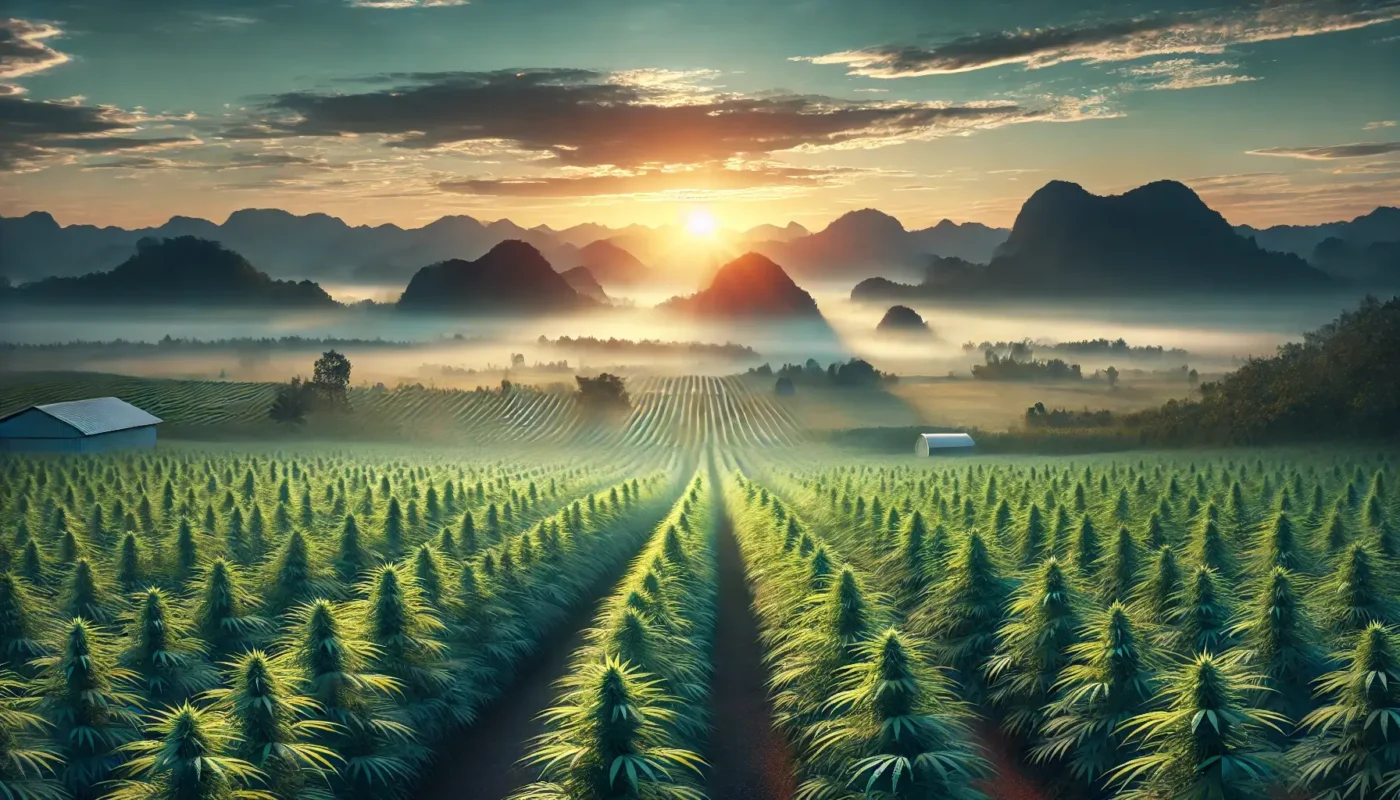 Campo coltivato con diverse varietà di cannabis tra montagne e nebbia all’alba