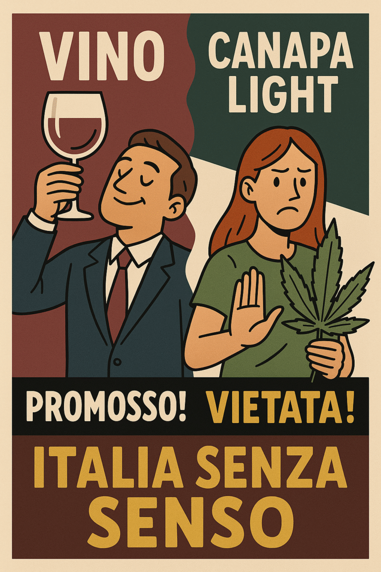 Illustrazione satirica che mette a confronto la promozione del vino in Italia e il divieto della cannabis light