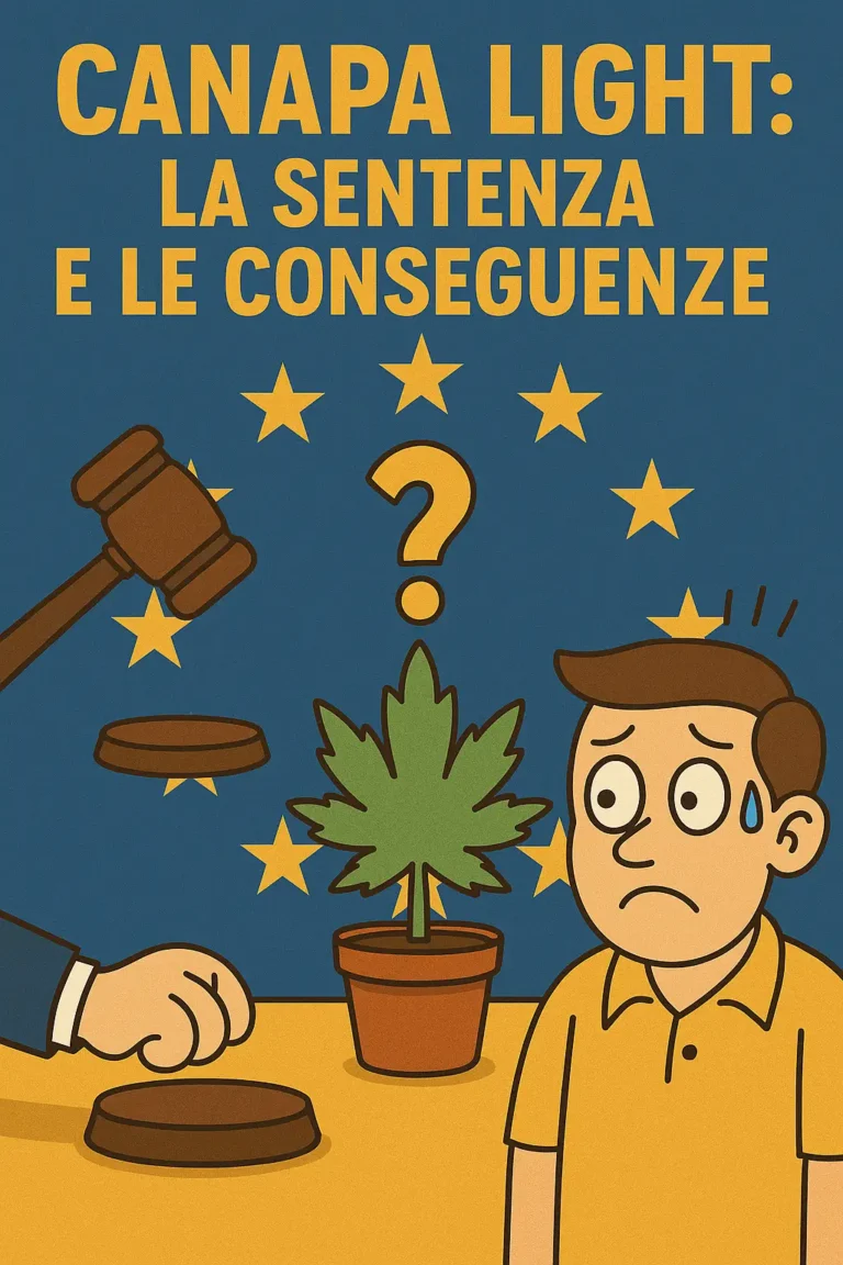 Immagine satirica che illustra la sentenza UE che disapplica il Decreto Sicurezza sulla canapa light in Italia.