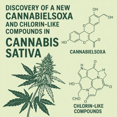 Scientific illustration of the Cannabis sativa plant showing the newly discovered cannabinoid cannabielsoxa and chlorin-like compounds
