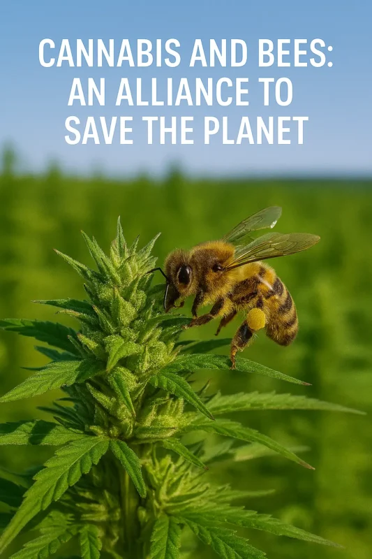 Honeybee collecting pollen from a cannabis flower in the foreground, with a hemp field in the background – cannabis and bees