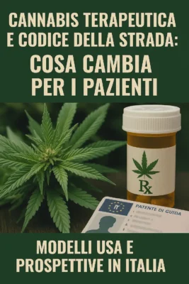 Immagine illustrativa con foglia di cannabis, flacone medico e patente di guida. Tema: cannabis terapeutica e codice della strada.
