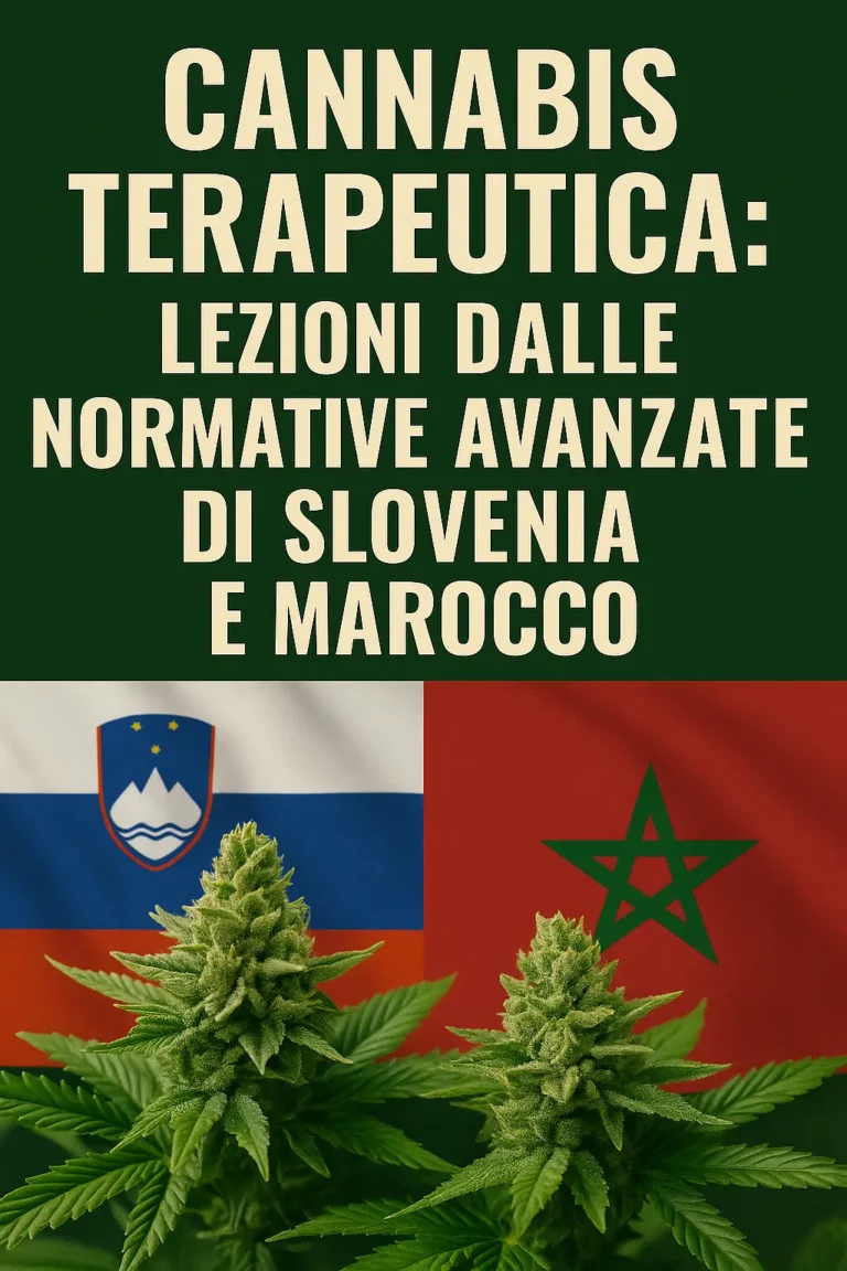 Immagine con bandiere di Slovenia e Marocco e piante di cannabis terapeutica, rappresentazione delle normative avanzate sulla cannabis terapeutica.