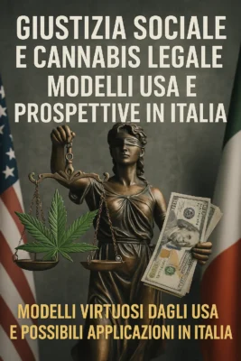 Bilancia con pianta di cannabis e dollari: confronto tra giustizia sociale negli USA e in Italia