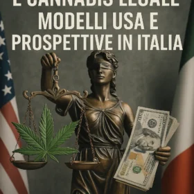 Bilancia con pianta di cannabis e dollari: confronto tra giustizia sociale negli USA e in Italia