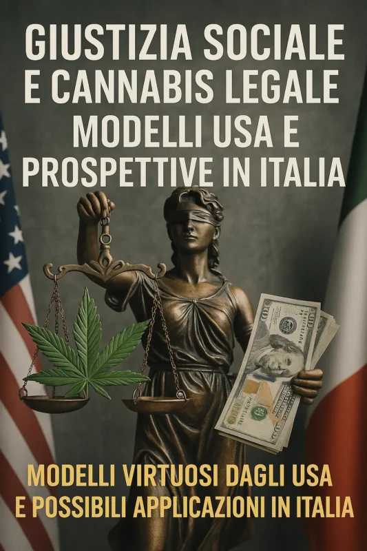 Bilancia con pianta di cannabis e dollari: confronto tra giustizia sociale negli USA e in Italia